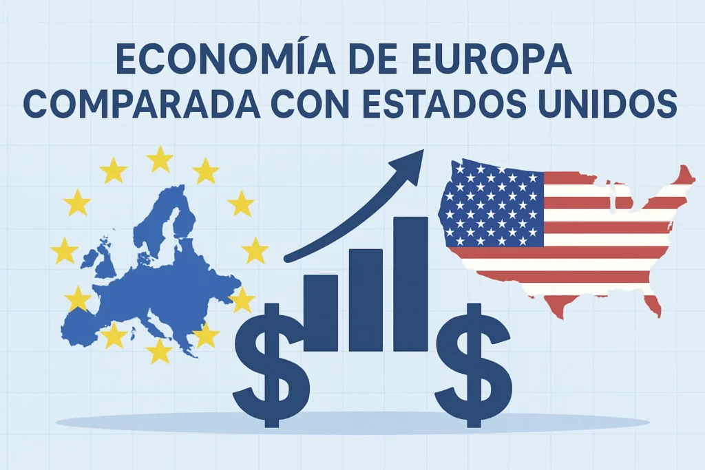 Comparison of Europe vs. United States economy with EU map, US flag, and upward growth bars. (Spanish title: Economía de Europa comparada con Estados Unidos)