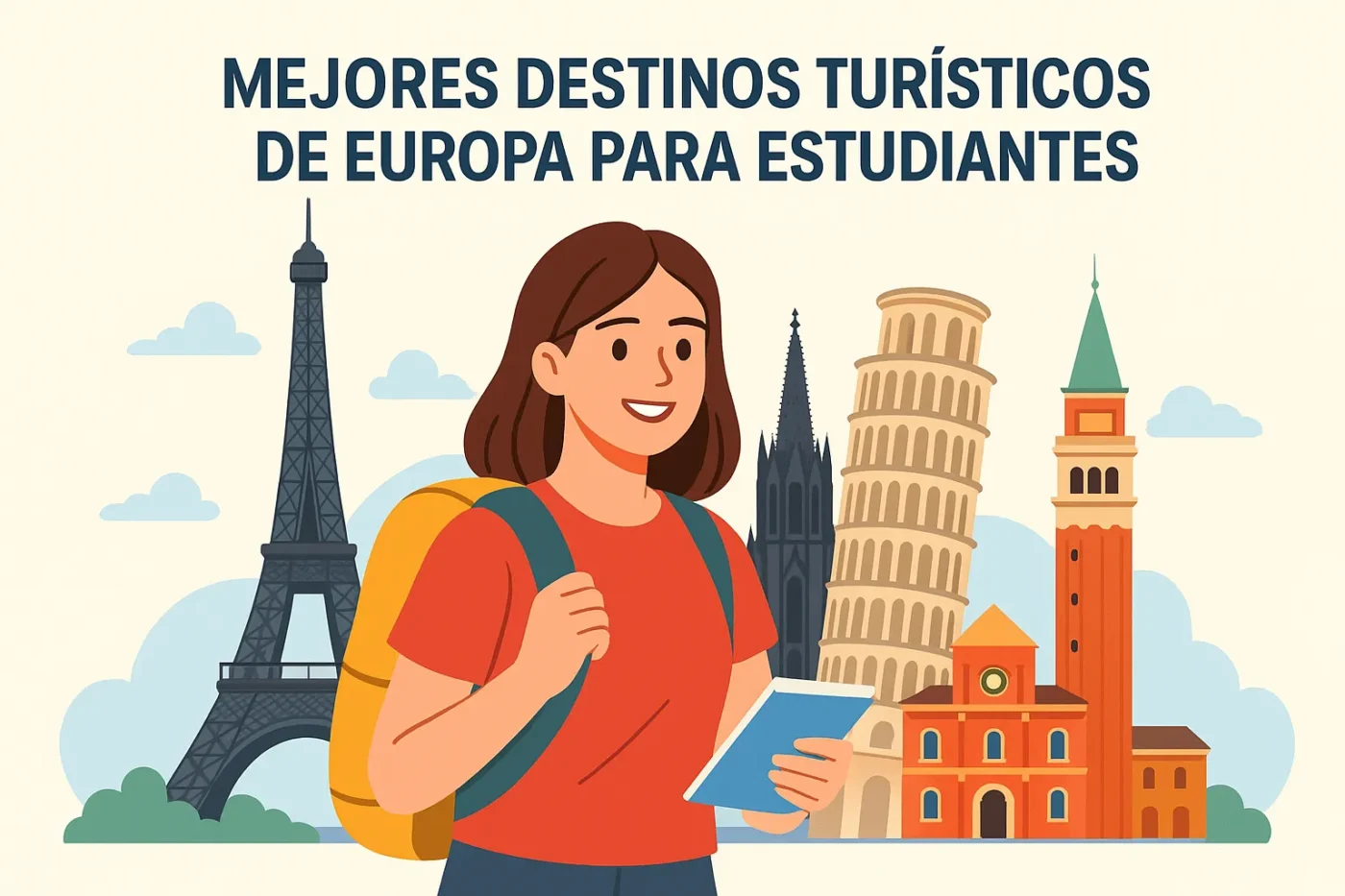 Young student with a backpack holds a notebook, with famous European landmarks behind—illustrating travel destinations for students.