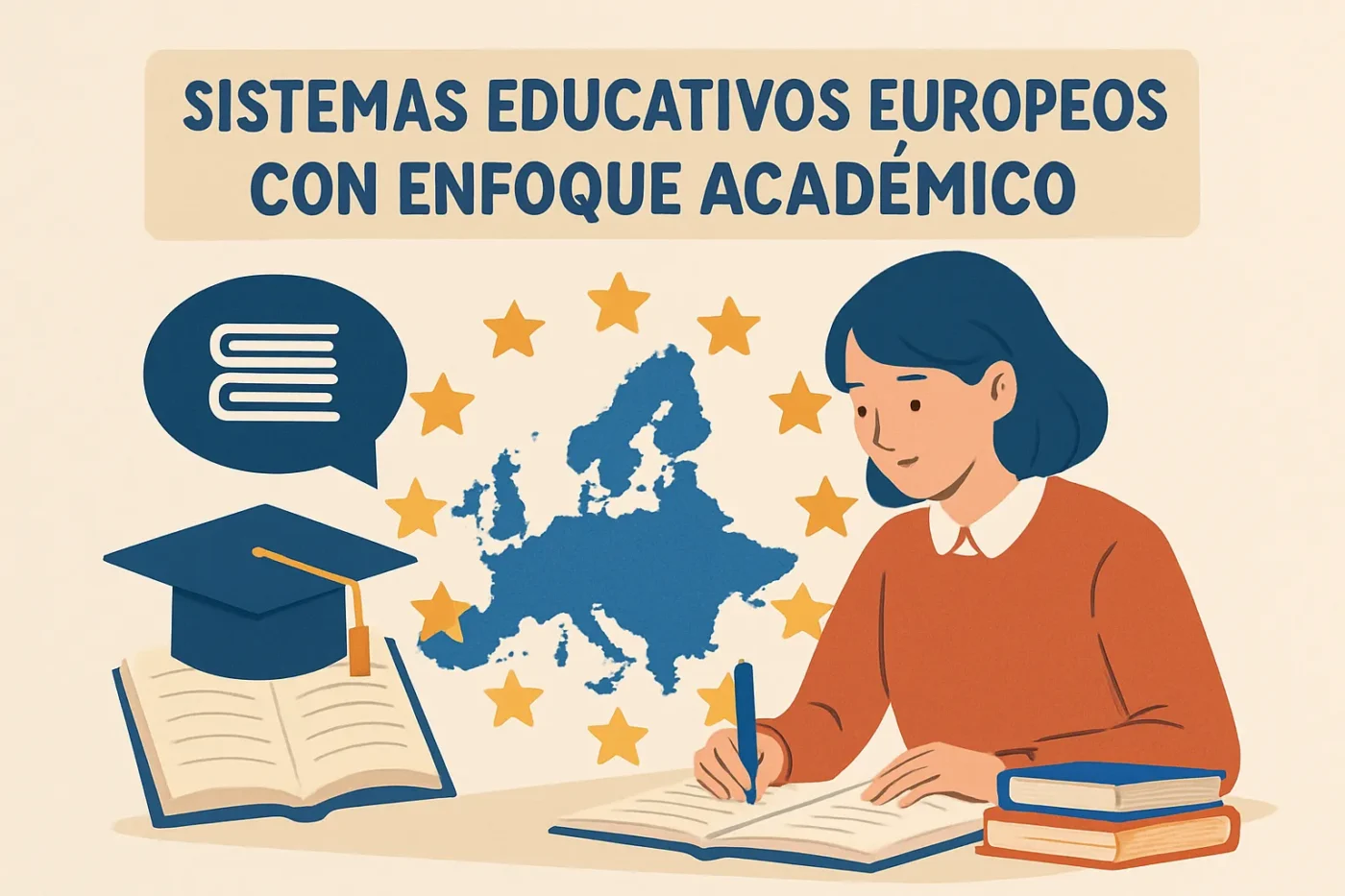 sistemas-educativos-europeos-con-enfoque-academico - Europa News 24h Student studies at a desk with an open book and stacked books; Europe map with EU stars in the background and the title about European academic education systems in Spanish.