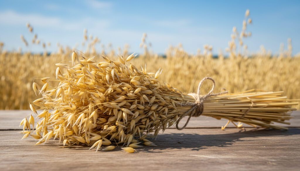 Bundle of golden wheat tied with twine on a wooden surface, with a wheat field and blue sky in the background.