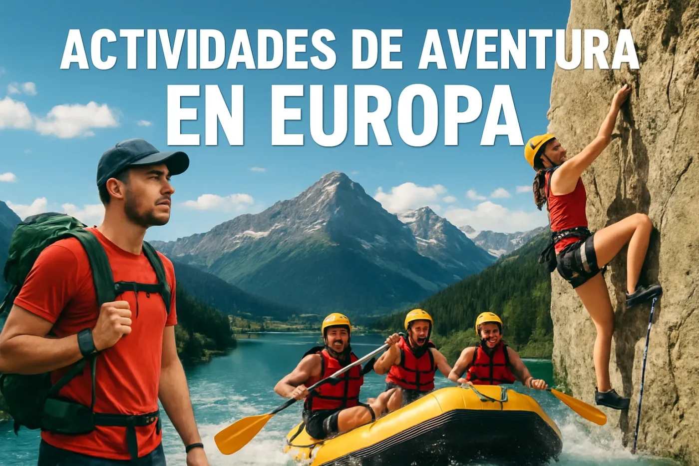 Actividades-de-aventura-en-Europa - Europa News 24h Promo image of adventure activities in Europe: climber on a rock wall and a raft team on a river with mountains in the background.