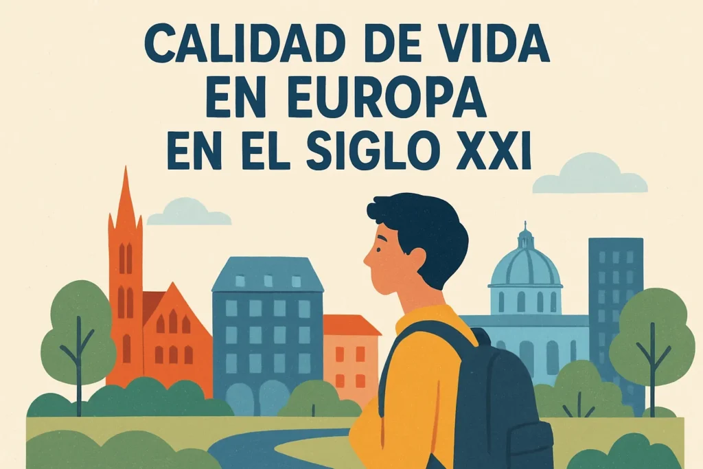 Person with a backpack stands in a park with colorful city buildings in the background; bold Spanish text reads 'CALIDAD DE VIDA EN EUROPA EN EL SIGLO XXI'.