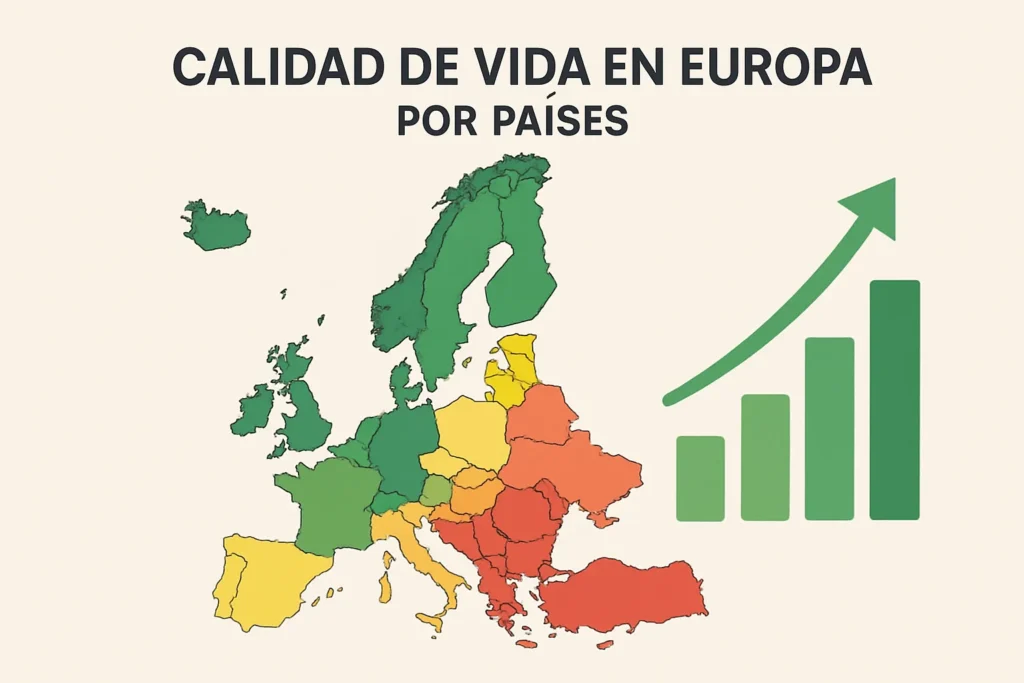 Mapa de Europa color-coded por calidad de vida por país con tonalidades verde, amarillo, naranja y rojo; gráfico de barras verde a la derecha.