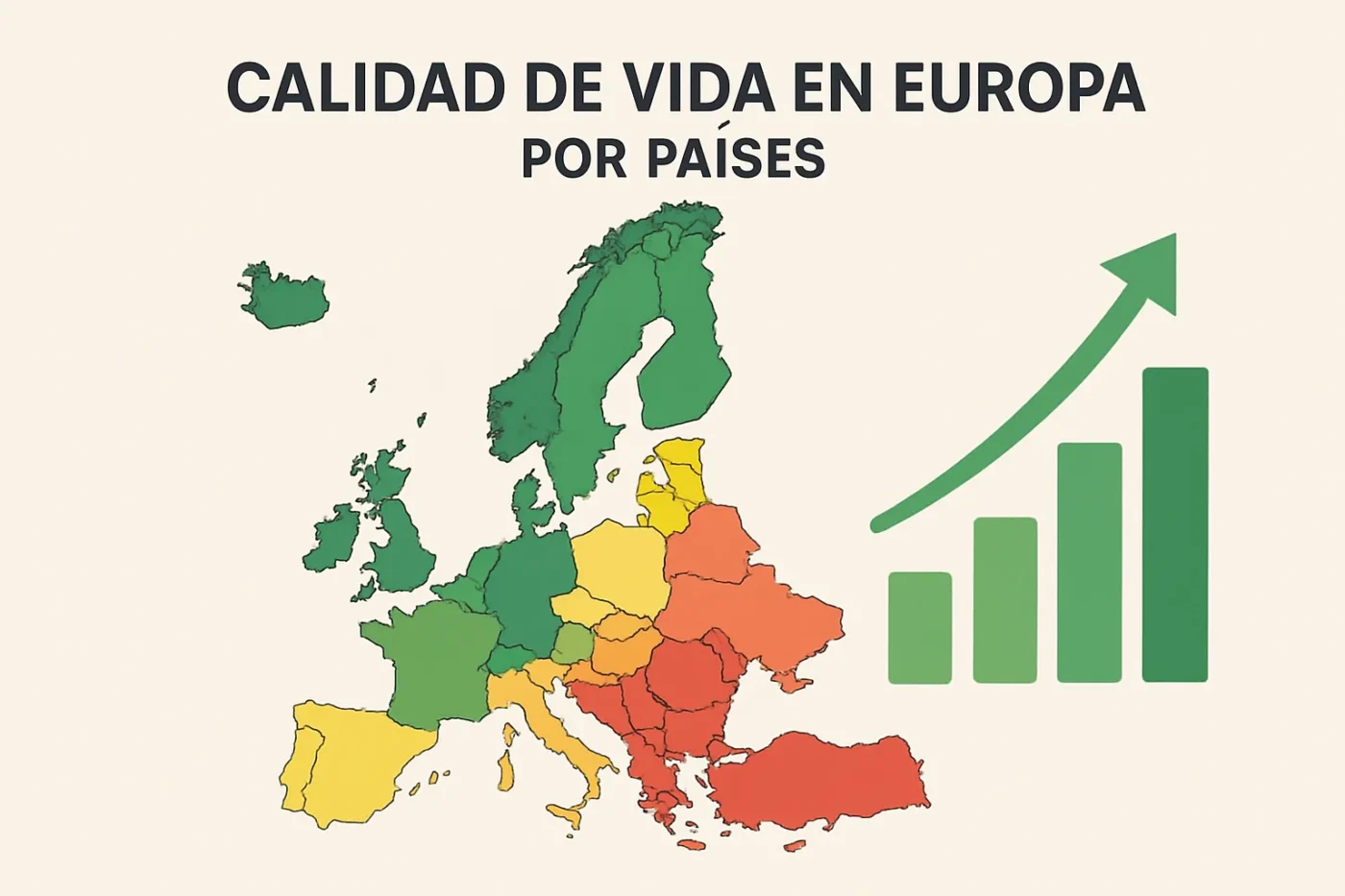 Mapa de Europa color-coded por calidad de vida por país con tonalidades verde, amarillo, naranja y rojo; gráfico de barras verde a la derecha.