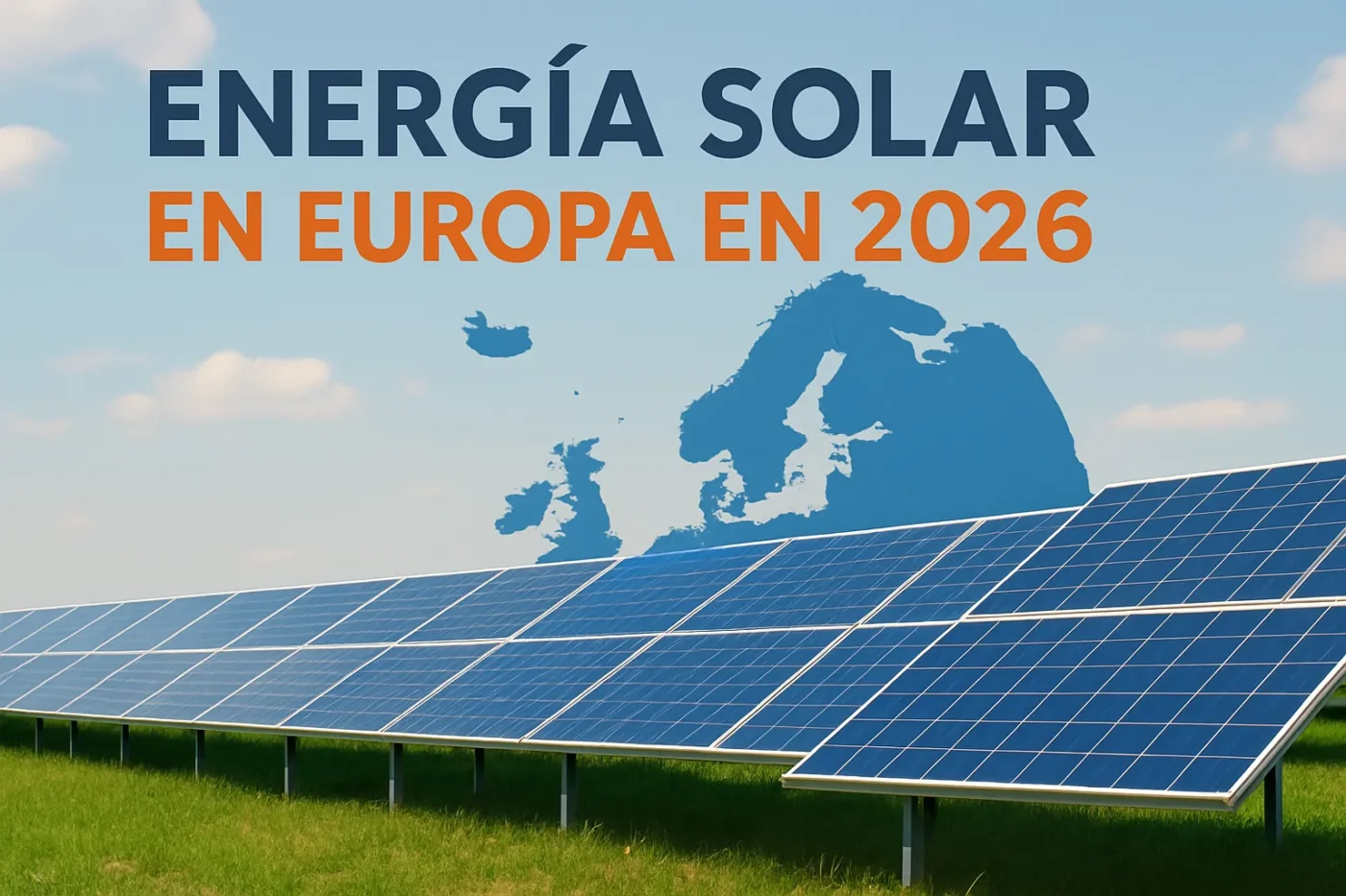 Paneles solares en un campo verde con el título 'ENERGÍA SOLAR EN EUROPA EN 2026' en el cielo azul.