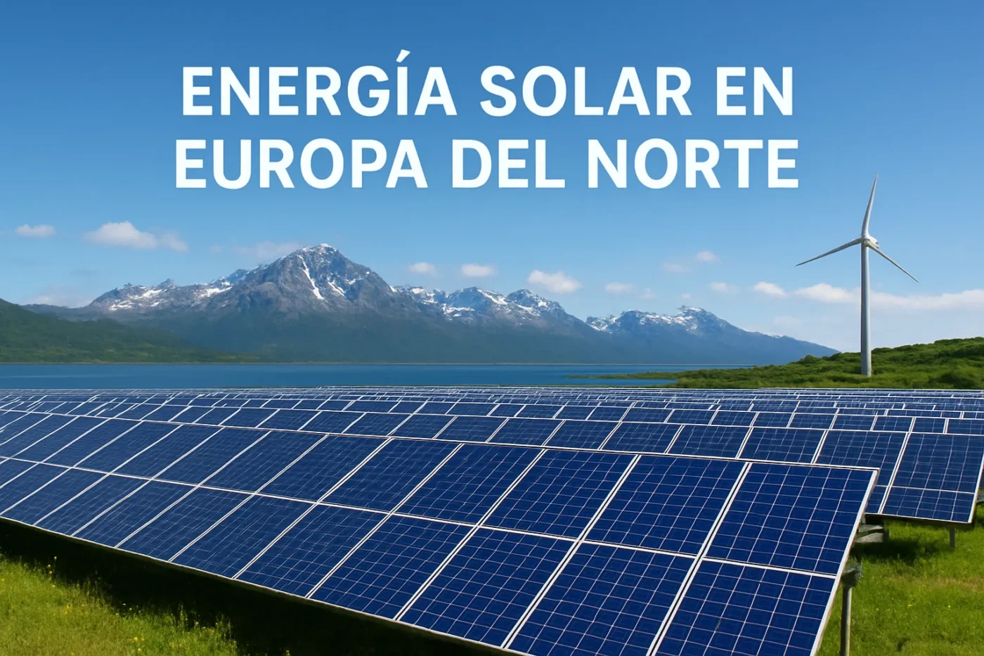 Solar panels in a green field with a wind turbine and snow-capped mountains under a blue sky, with Spanish title text overlaid: Energía solar en Europa del Norte.
