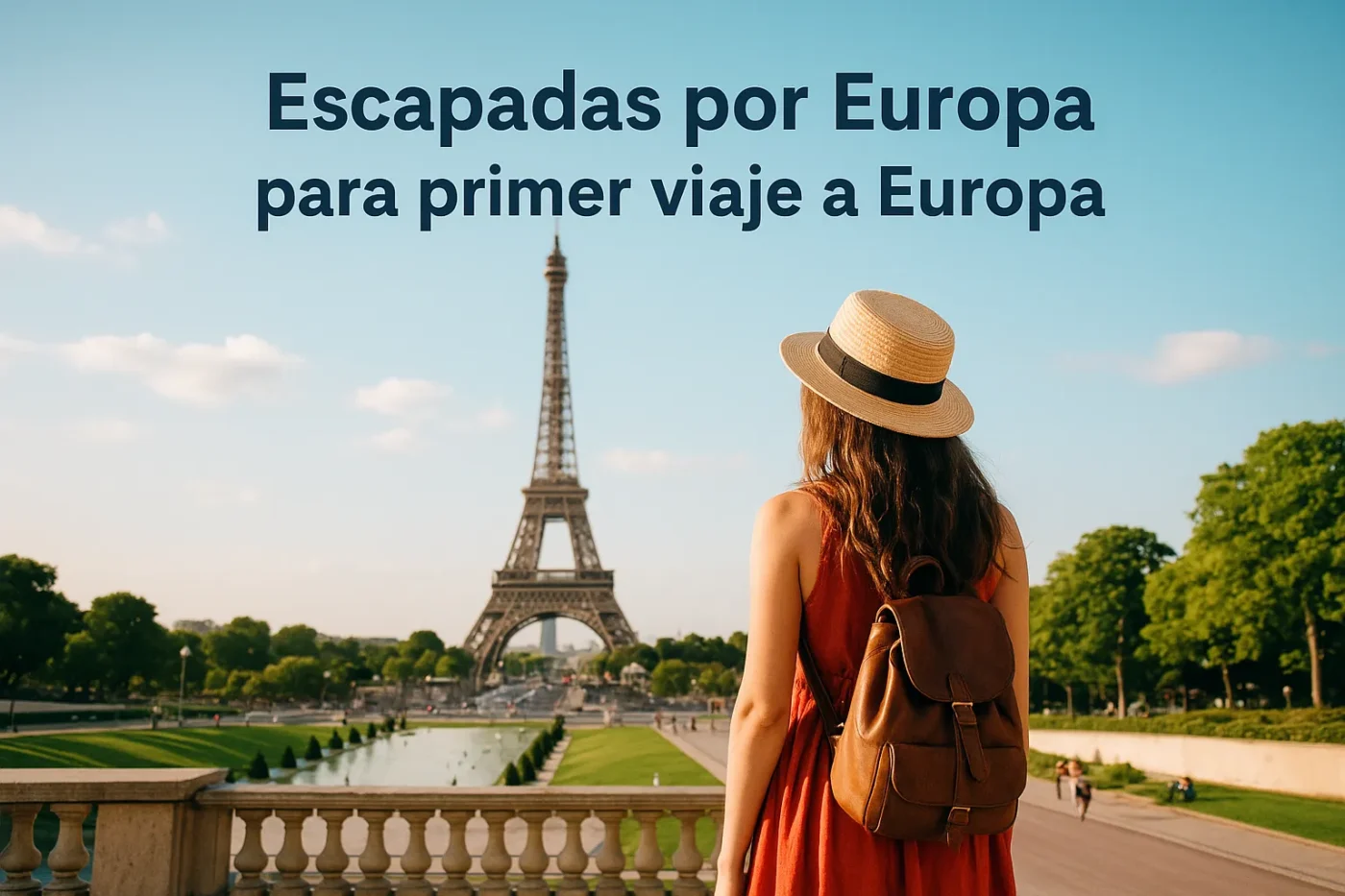 escapadas-por-Europa-para-primer-viaje-a-Europa - Europa News 24h Mujer con sombrero y mochila mira la Torre Eiffel; texto promocional sobre escapadas por Europa para primer viaje a Europa.