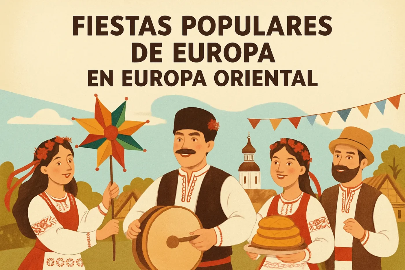 fiestas-populares-de-Europa-en-Europa-Oriental - Europa News 24h Illustration of four people in traditional Eastern European folk dress at a festival, with a drummer center, a woman holding a star-shaped pinata, and bread on a tray against a village backdrop.