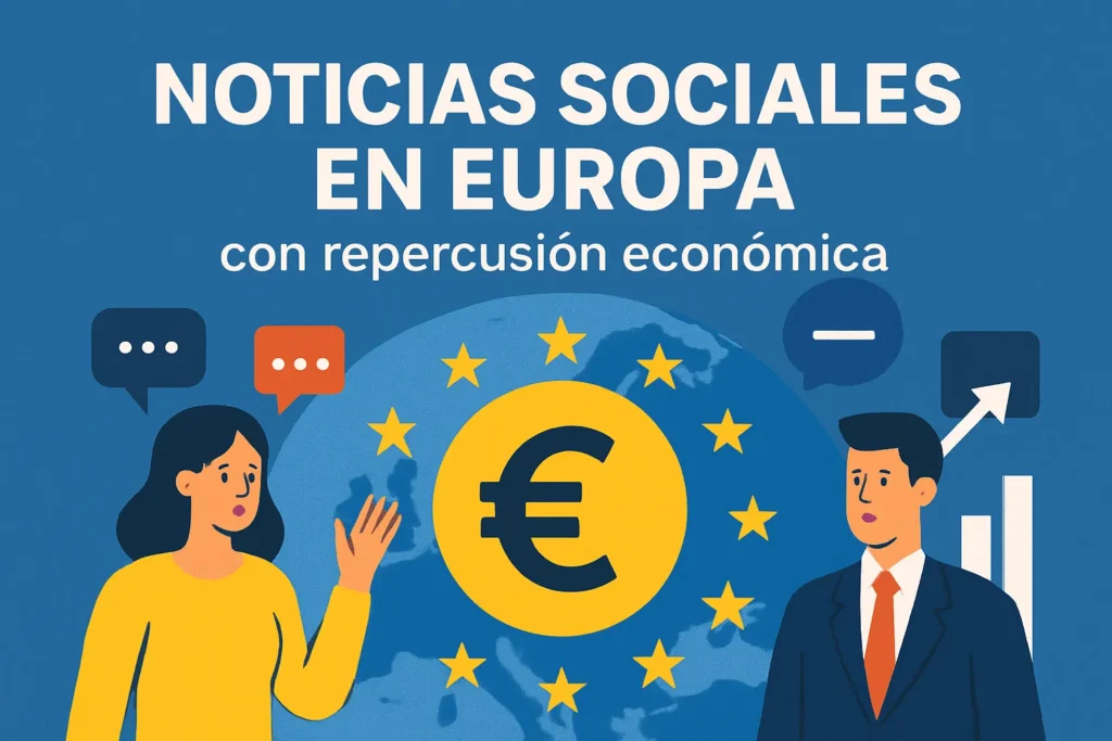 Infographic about "Noticias sociales en Europa" and its economic impact, featuring a euro symbol, Europe map, and two people discussing.