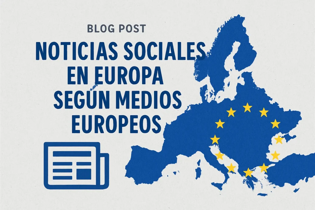 Blog post graphic in Spanish about social news in Europe, featuring a blue map of Europe with EU stars and a newspaper icon.