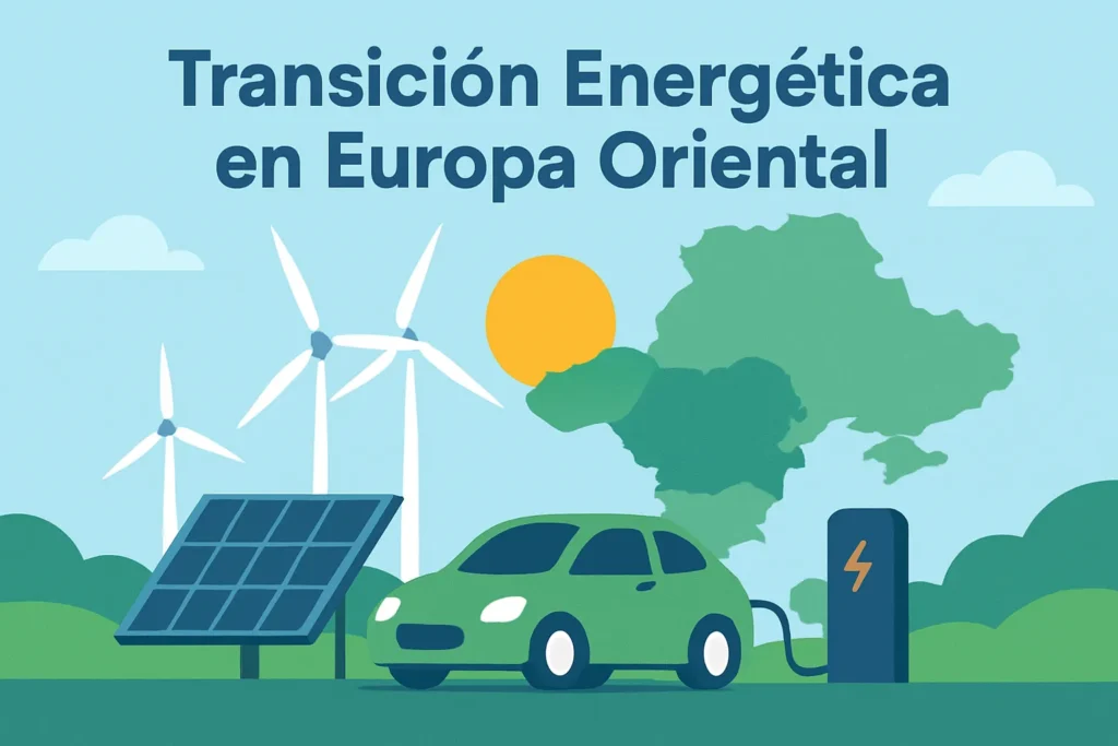 Transición Energética en Europa Oriental: ilustración de turbinas eólicas, panel solar y coche eléctrico cargando en un paisaje verde con sol y mapa de Europa.