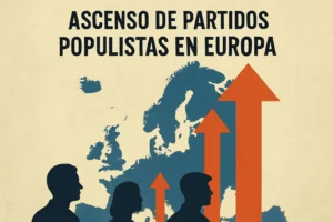 Poster showing a Europe map with rising orange arrows and dark silhouettes of people under the headline 'Ascenso de Partidos Populistas en Europa'