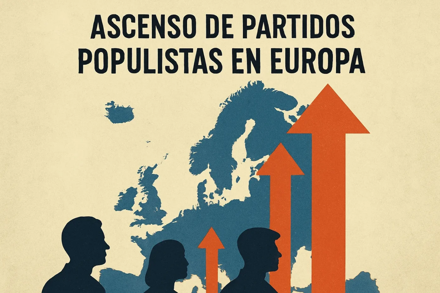 Ascenso-de-partidos-populistas-en-Europa - Europa News 24h Poster showing a Europe map with rising orange arrows and dark silhouettes of people under the headline 'Ascenso de Partidos Populistas en Europa'