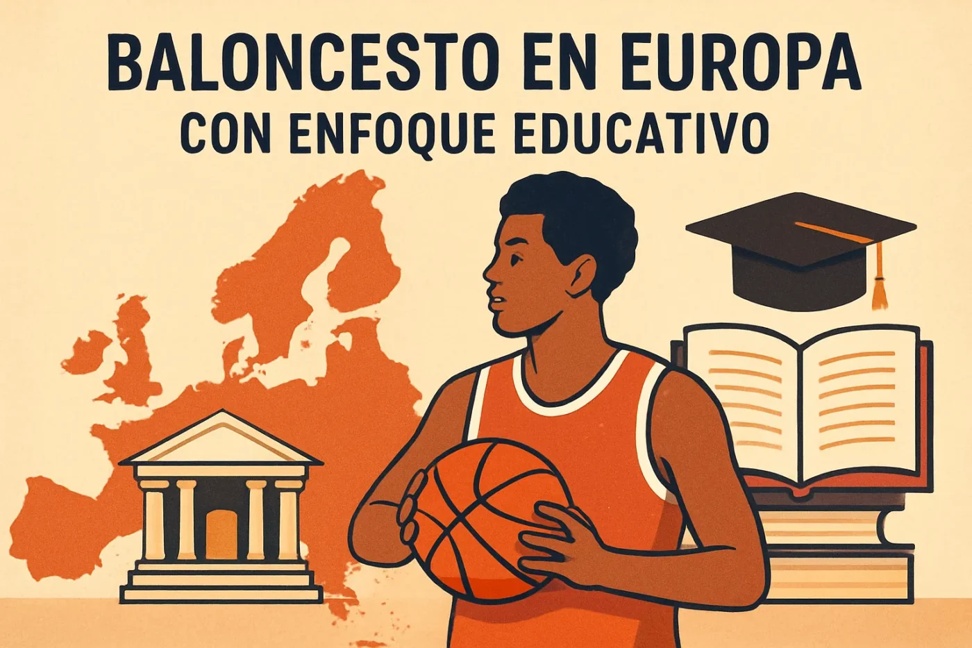 baloncesto-en-Europa-con-enfoque-educativo - Europa News 24h Illustration promoting educational basketball in Europe: a student holding a basketball, Europe map, a graduation cap, and open books.