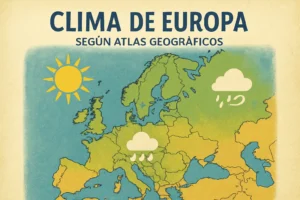 Mapa de Europa mostrando clima con sol en el oeste y lluvia en el este, título 'Clima de Europa' de Atlas Geográficos