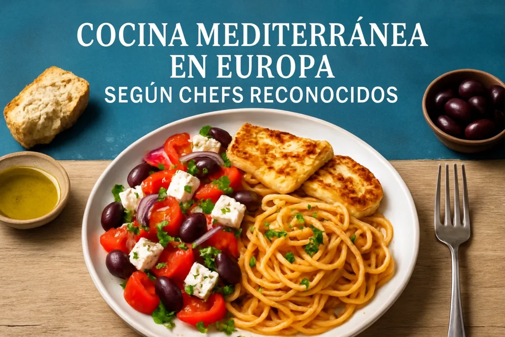 Plate of spaghetti with tomato–olive feta salad and parsley, with bread and olive oil nearby on a wooden table; blue banner text about Mediterranean cooking.