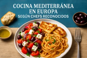 Plate of spaghetti with tomato–olive feta salad and parsley, with bread and olive oil nearby on a wooden table; blue banner text about Mediterranean cooking.