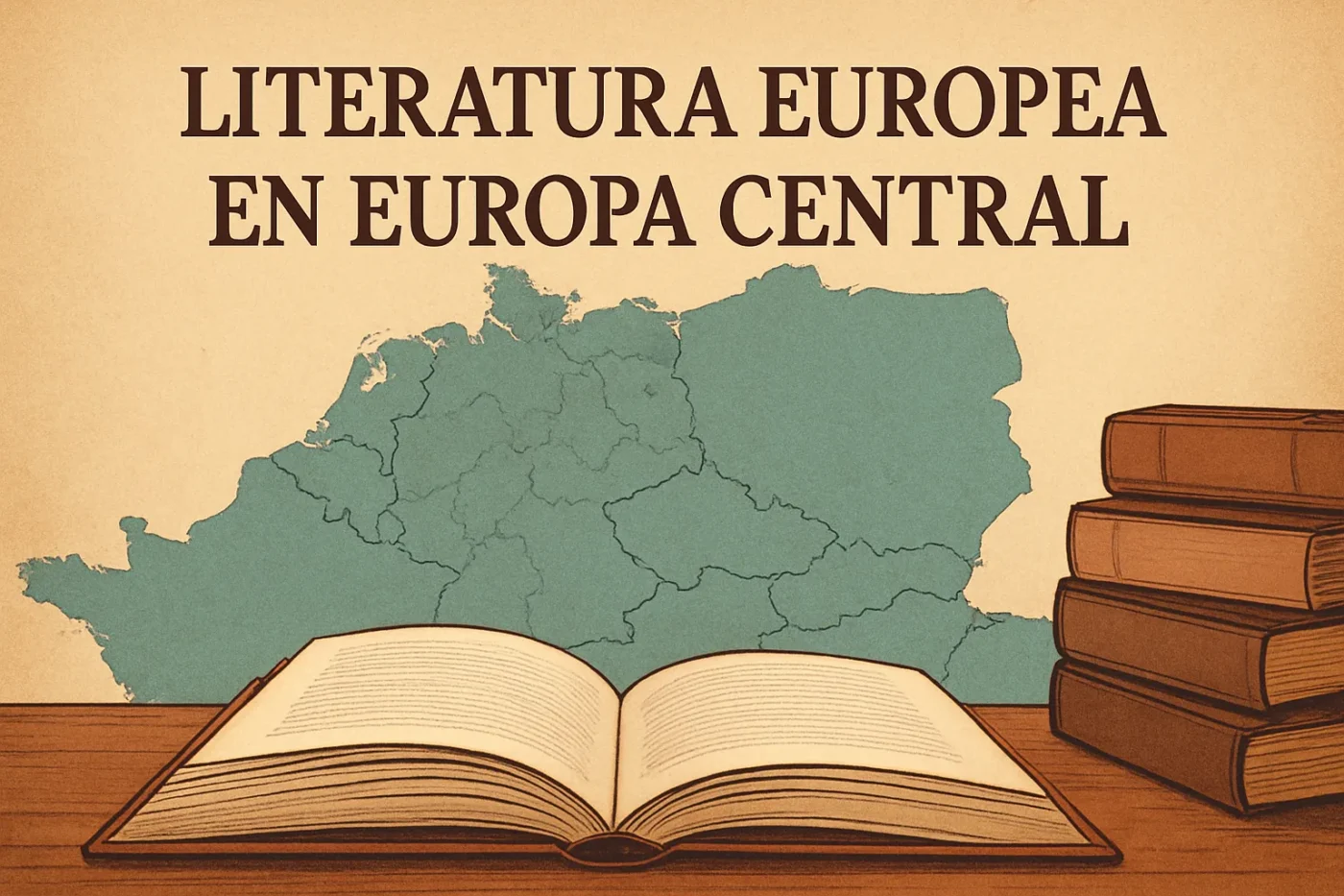 Vintage poster: teal map of Central Europe behind an open book on a desk with a stack of books on the right, and a Spanish title above: 'Literatura Europea en Europa Central'.