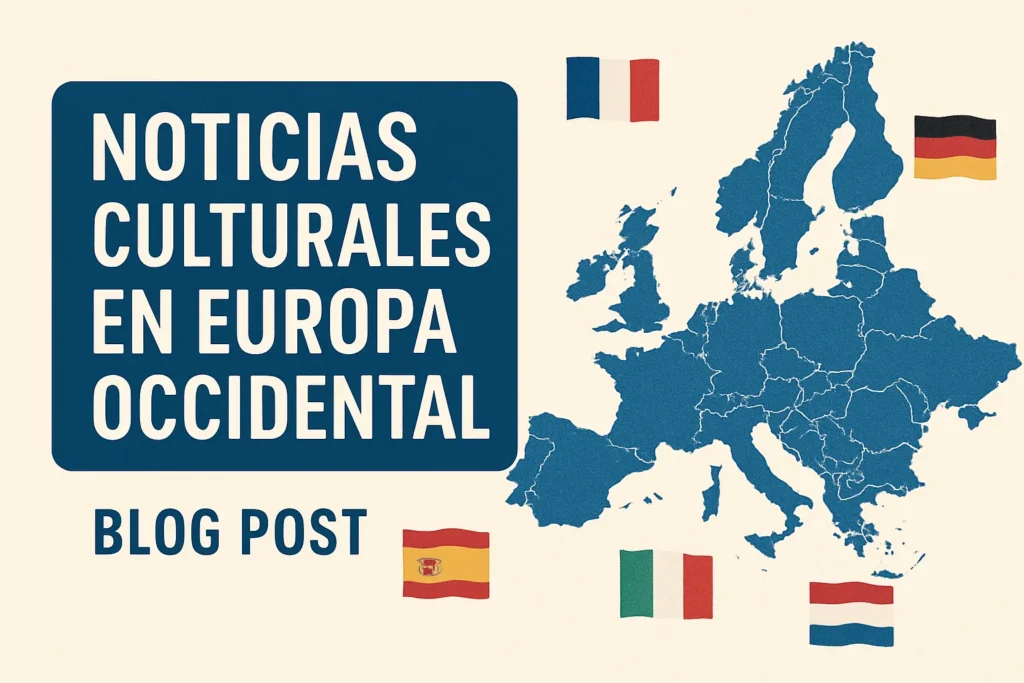 Blog post cover: blue map of Western Europe with country flags around it and the title 'NoticiasCulturalesEnEuropaOccidental' (Spanish)