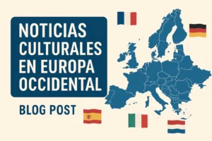 Blog post cover: blue map of Western Europe with country flags around it and the title 'NoticiasCulturalesEnEuropaOccidental' (Spanish)