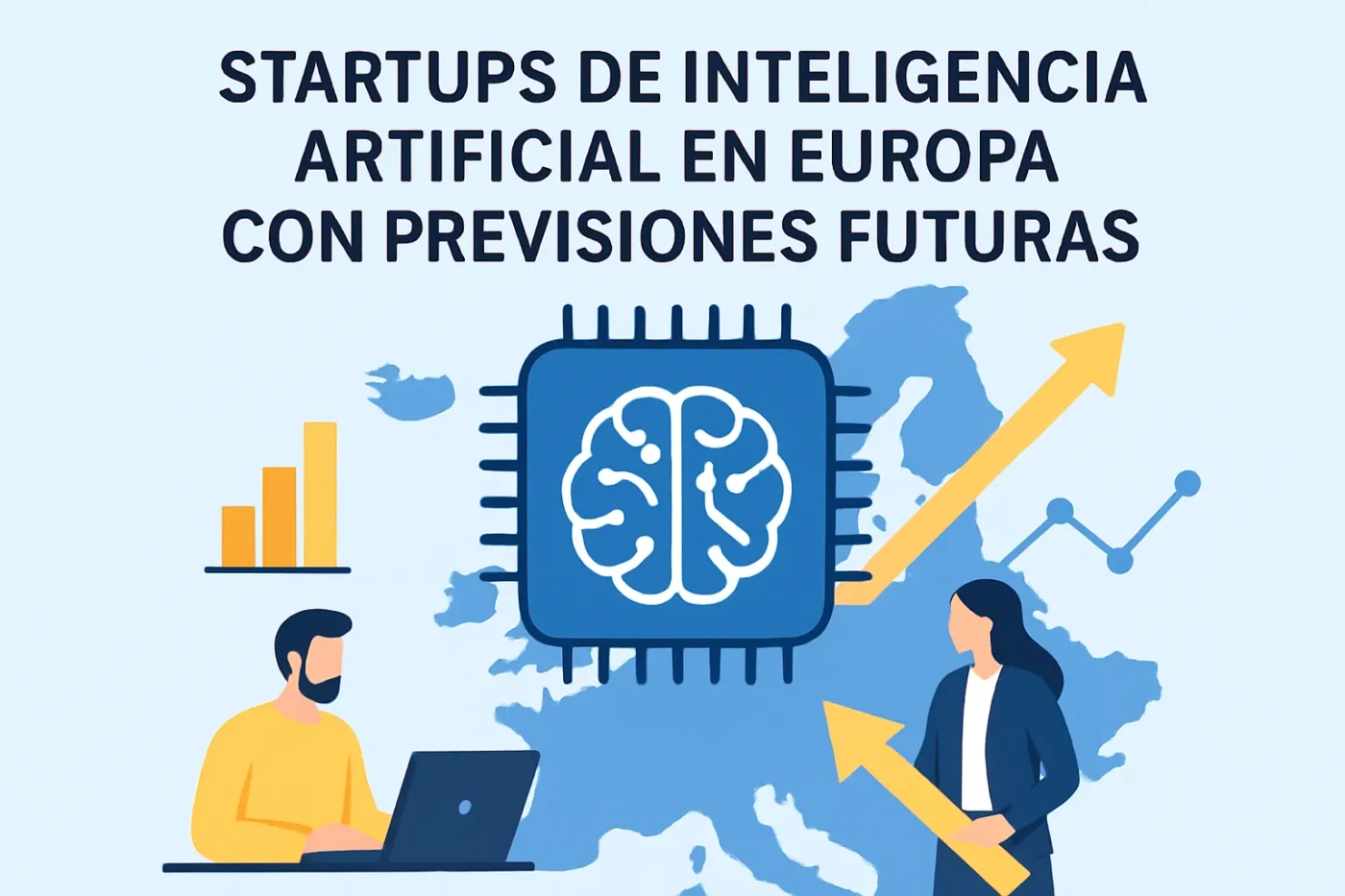Infographic-style illustration about European AI startups and future projections, featuring a brain-chip, charts, and a map of Europe.