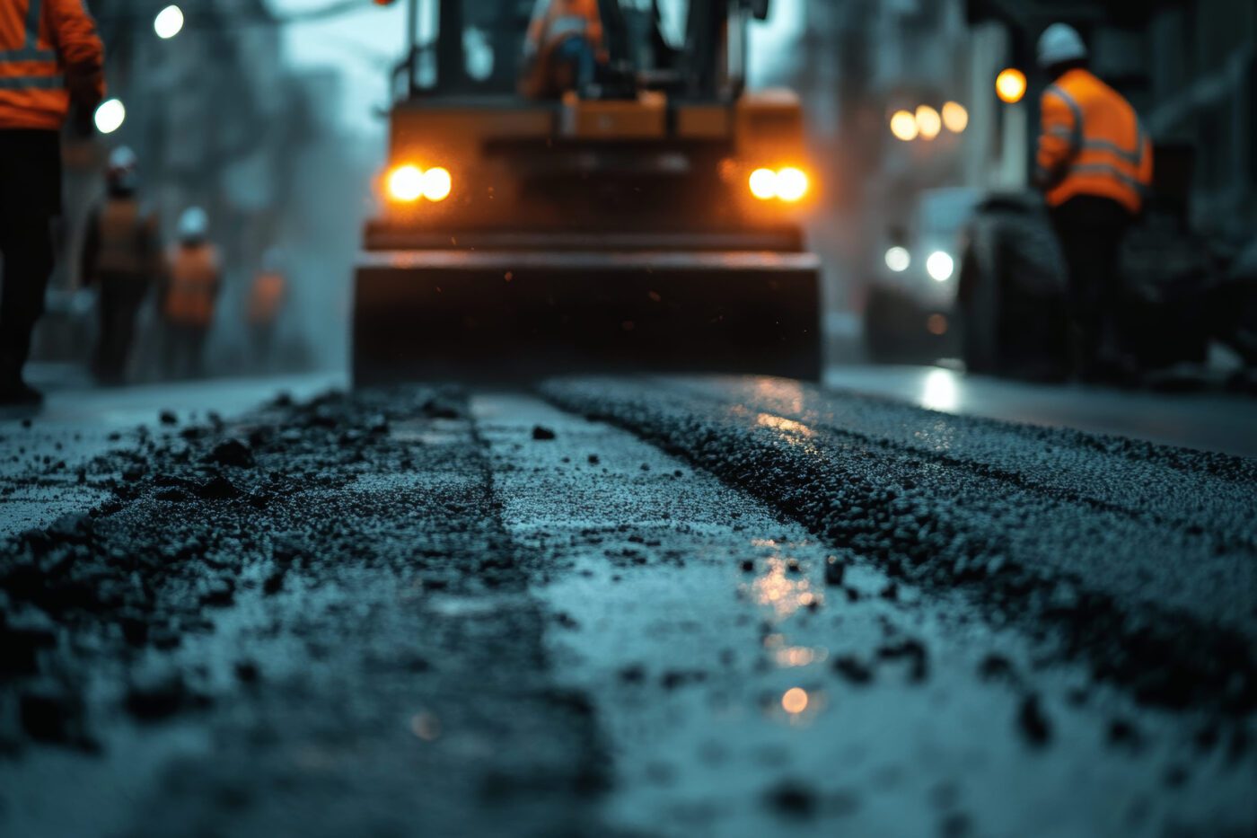 782433 Intrame - Europa News 24h Nighttime roadwork: a roller compacts fresh asphalt while workers in high-visibility vests stand nearby.