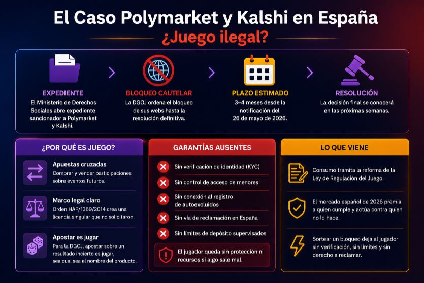 Infografía en español sobre si Polymarket y Kalshi son juego ilegal en España, con pasos: expediente, bloqueo cautelar, plazo estimado y resolución asomar su proceso legal.