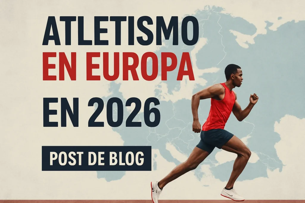 Blog banner about athletics in Europe in 2026; features a sprinter in red shirt running to the right with bold title text EN EUROPA EN 2026 and 'POST DE BLOG' tag.