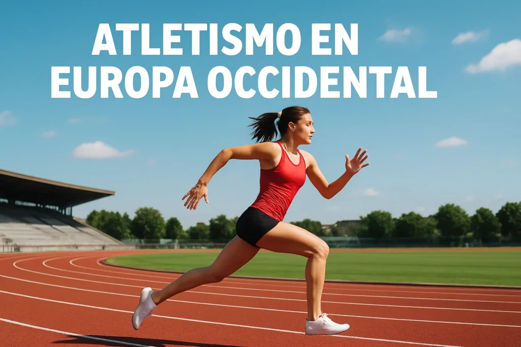 Sprint athlete in red top on a track with the large heading 'ATLETISMO EN EUROPA OCCIDENTAL' across the sky.