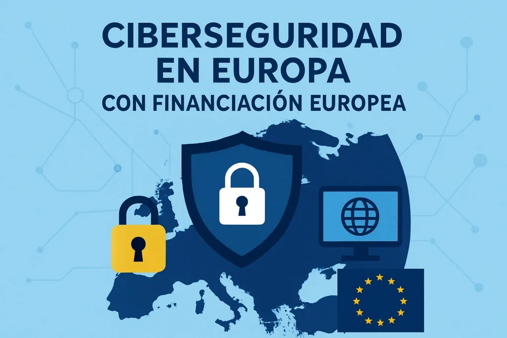 European cybersecurity banner with shields, locks, and an EU flag over a map of Europe