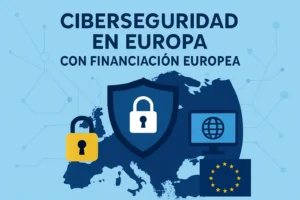 European cybersecurity banner with shields, locks, and an EU flag over a map of Europe