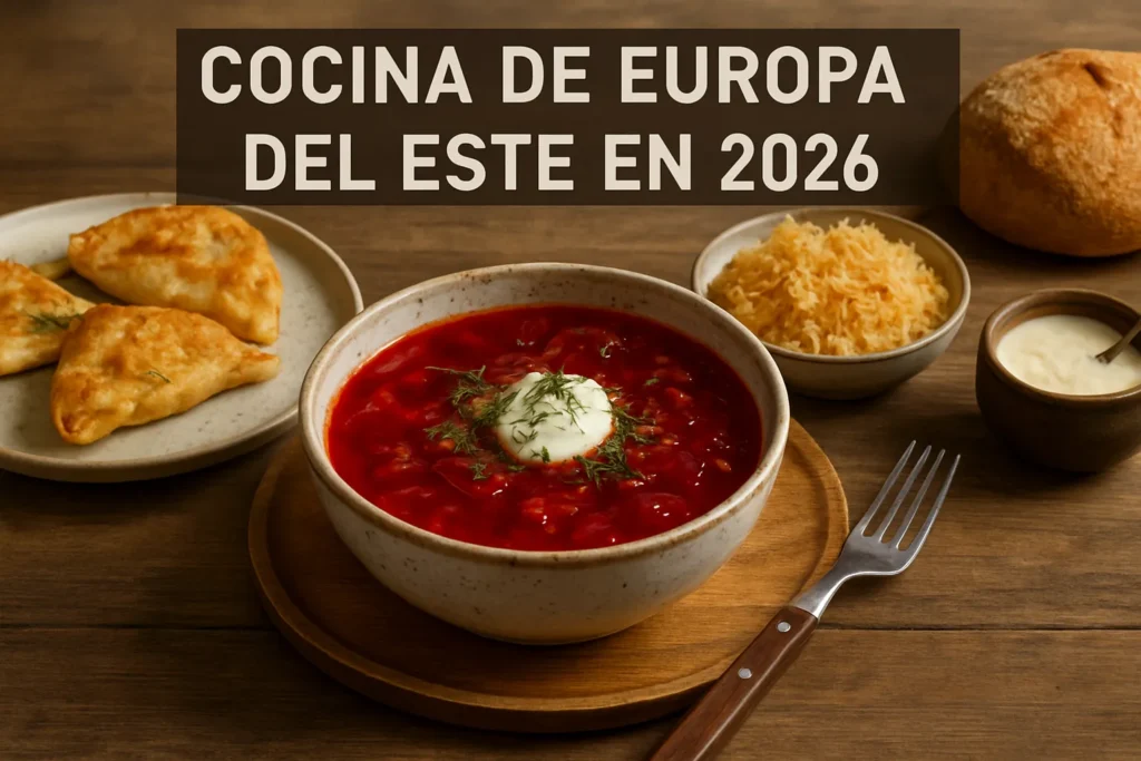 Bowl of beet soup (borscht) with sour cream and dill on a wooden table, with bread and sauerkraut; overlay text reads 'Cocina de Europa del Este en 2026'