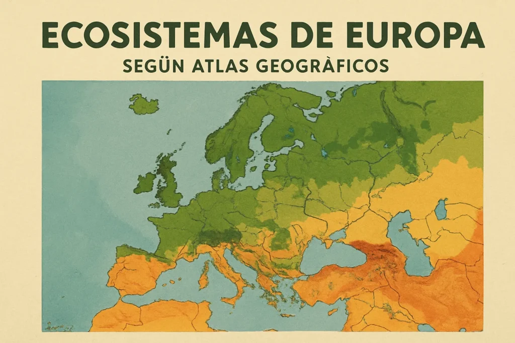 Color-coded map of Europe displaying ecosystems, with green in the north and orange in the south.]