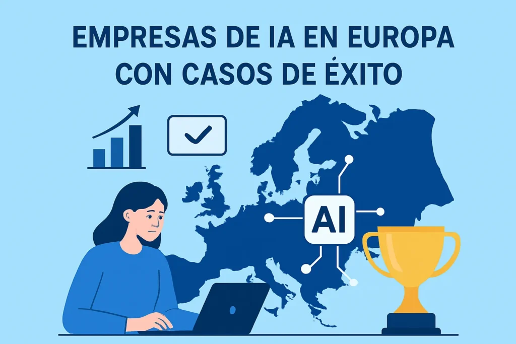 Ilustración de Europa en azul con icono de IA, una persona trabajando en un portátil y un trofeo, destacando casos de éxito de IA en Europa.