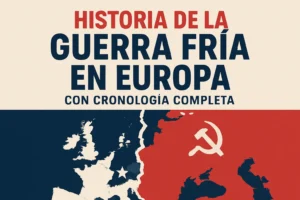 Poster cover: 'Historia de la Guerra Fría en Europa' with a beige top, bold red and navy title, and a red/blue map of Europe featuring a hammer and sickle.