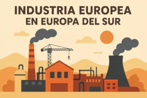 Illustration showing the title 'Industria Europea en Europa del Sur' above a southern European industrial skyline with smokestacks, a crane, and hills in warm colors.