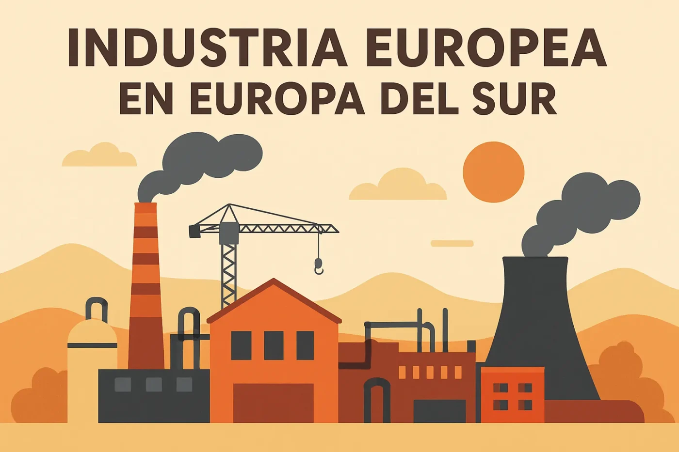 industria-europea-en-Europa-del-Sur - Europa News 24h Illustration showing the title 'Industria Europea en Europa del Sur' above a southern European industrial skyline with smokestacks, a crane, and hills in warm colors.