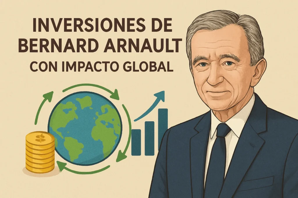 Illustration of a businessman beside a globe, coins and rising bars, accompanying a Spanish title about global impact investments.