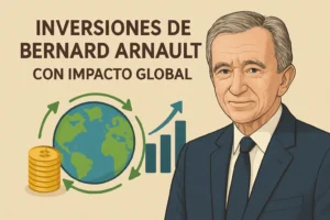Illustration of a businessman beside a globe, coins and rising bars, accompanying a Spanish title about global impact investments.