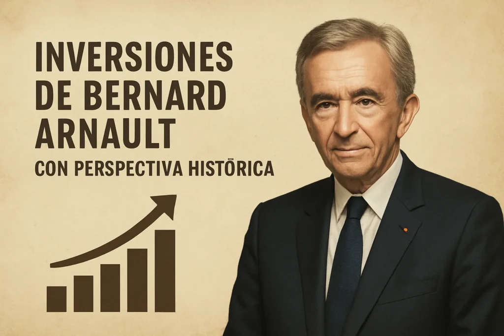 Right-side portrait of an older man in a dark suit beside bold Spanish text about investments and a rising chart graphic; conveys a historical perspective on investments.