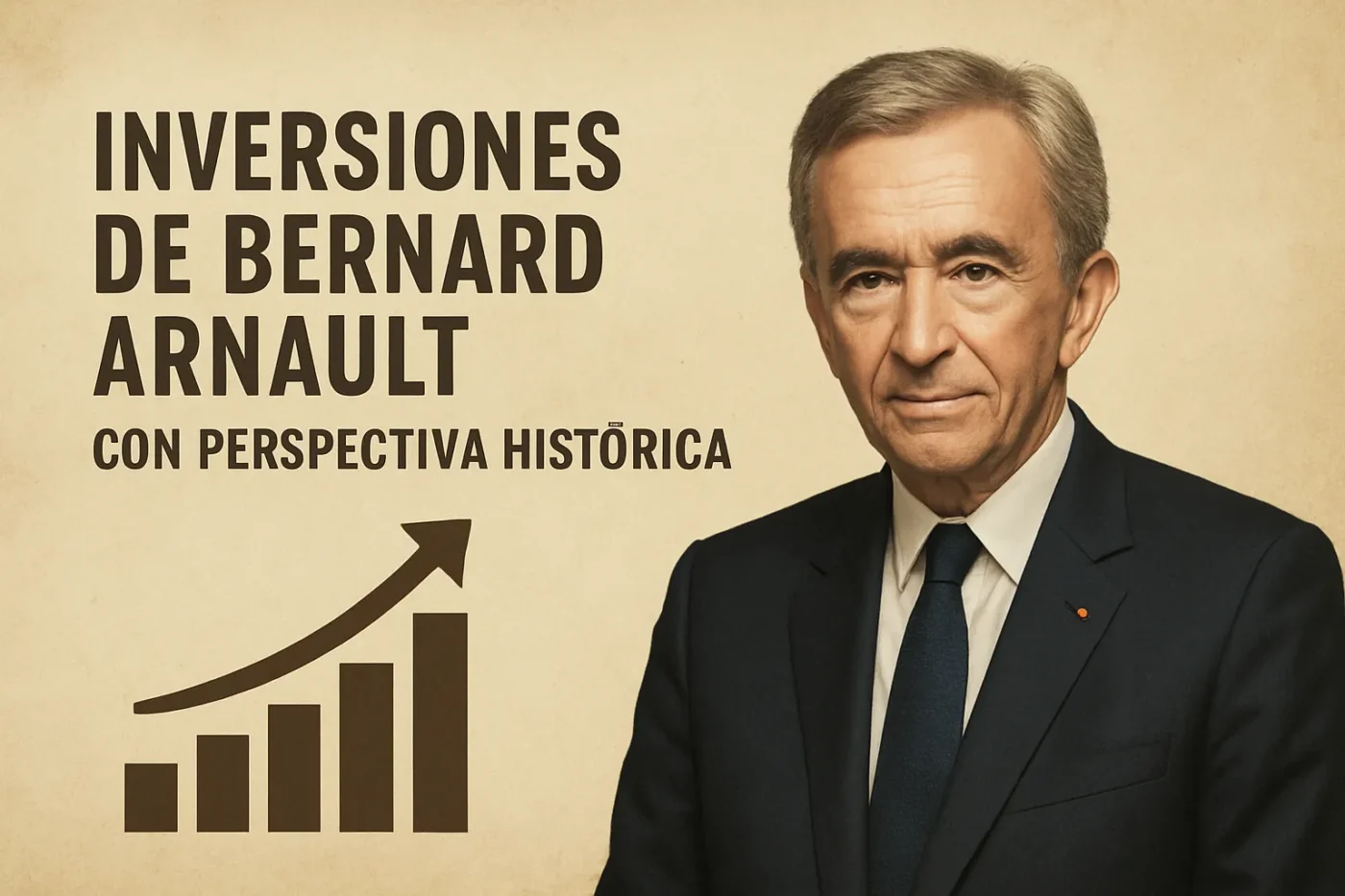 inversiones-de-Bernard-Arnault-con-perspectiva-historica - Europa News 24h Right-side portrait of an older man in a dark suit beside bold Spanish text about investments and a rising chart graphic; conveys a historical perspective on investments.