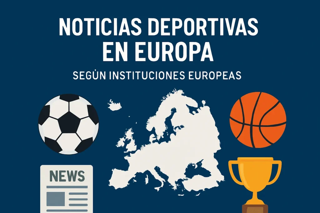 Banner with the title 'Noticias Deportivas en Europa' and icons (soccer ball, Europe map, basketball, newspaper, trophy) illustrating European sports news according to European institutions.