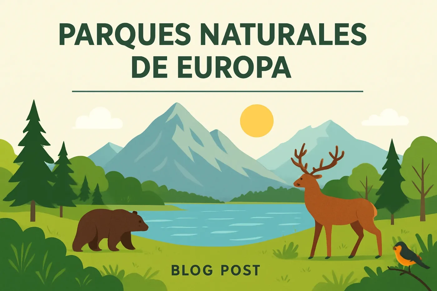 Illustrated landscape with mountains, lake, trees, a bear and a deer; Spanish title 'Parques Naturales de Europa' above (blog banner).