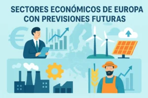 sectores-economicos-de-Europa-con-previsiones-futuras - Europa News 24h Europe's economy future: businessman with charts, wind turbines, solar panel, factory, gear, and a farmer with rising arrows/graphs.