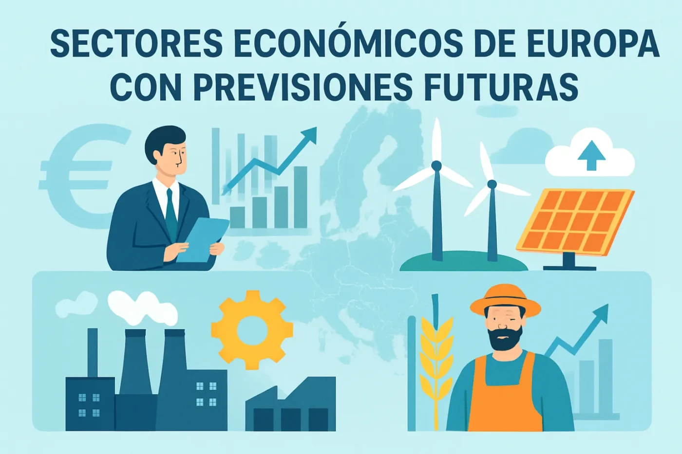 sectores-economicos-de-Europa-con-previsiones-futuras - Europa News 24h Europe's economy future: businessman with charts, wind turbines, solar panel, factory, gear, and a farmer with rising arrows/graphs.