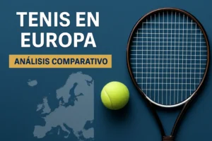 Racquet de tenis y una pelota sobre un fondo azul; mapa de Europa en gris claro y titulares en blanco y dorado que dicen 'TENIS EN EUROPA' y 'ANÁLISIS COMPARATIVO'