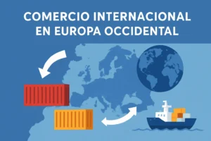 Ilustración de comercio internacional en Europa occidental con contenedores, barco de carga y mapa mundial