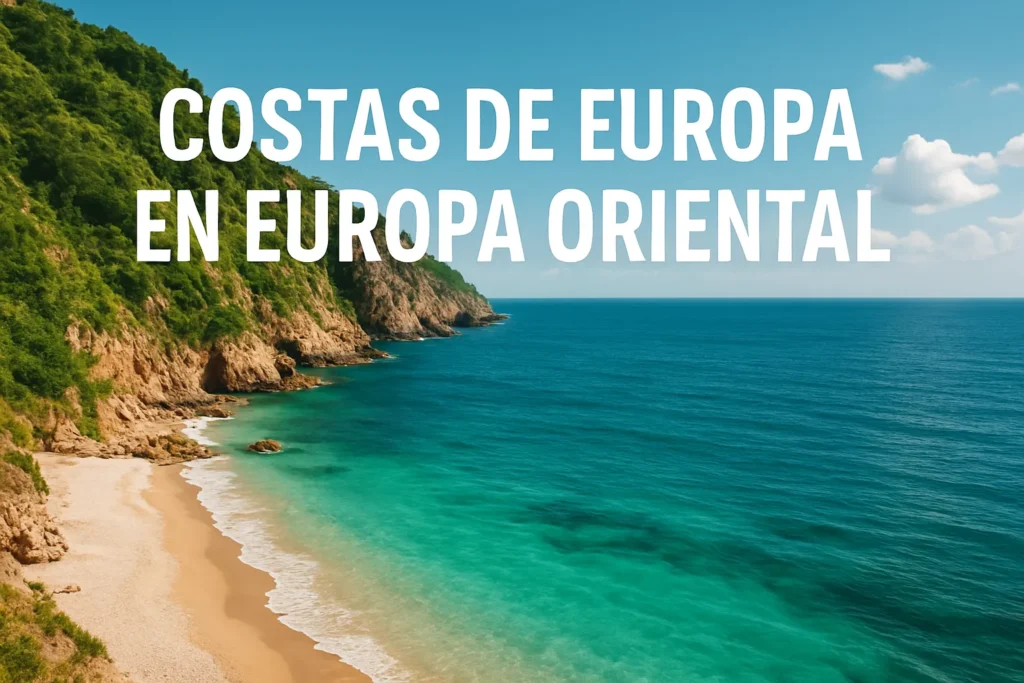 Coastline with green cliffs and turquoise water; large white title text 'COSTAS DE EUROPA EN EUROPA ORIENTAL' across the scene.
