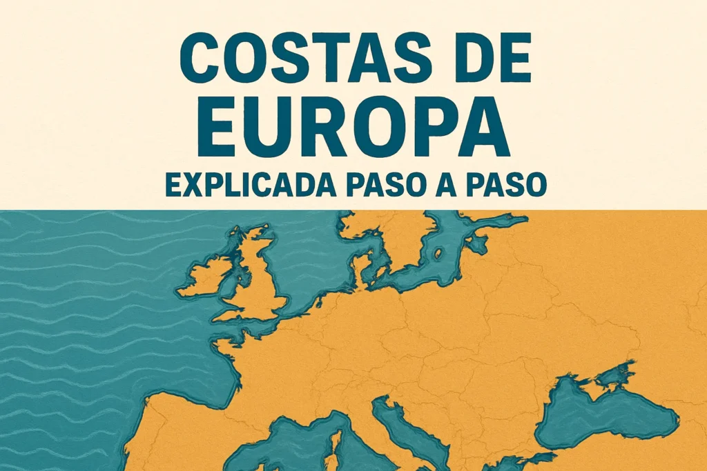 Poster titled 'Costas de Europa' with a map of Europe in teal water and orange landmasses, and subtitle 'Explicada paso a paso' (informational visual).