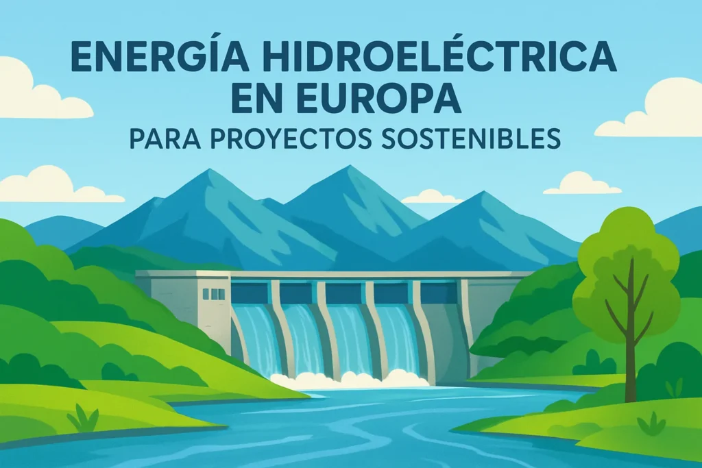 Cartel ilustrado que dice 'ENERGÍA HIDROELÉCTRICA EN EUROPA PARA PROYECTOS SOSTENIBLES' con una presa y paisaje montañoso alrededor.